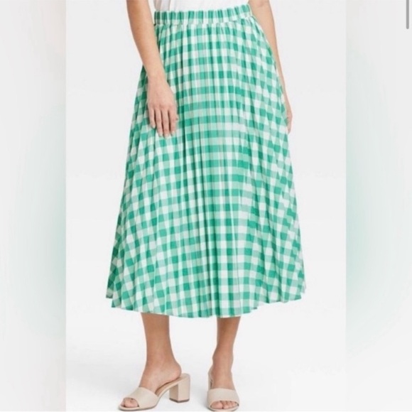 a new day Green Gingham Midi Skirt Pleated Swishy Garden Party Fairy Skirt Small - Picture 2 of 13
